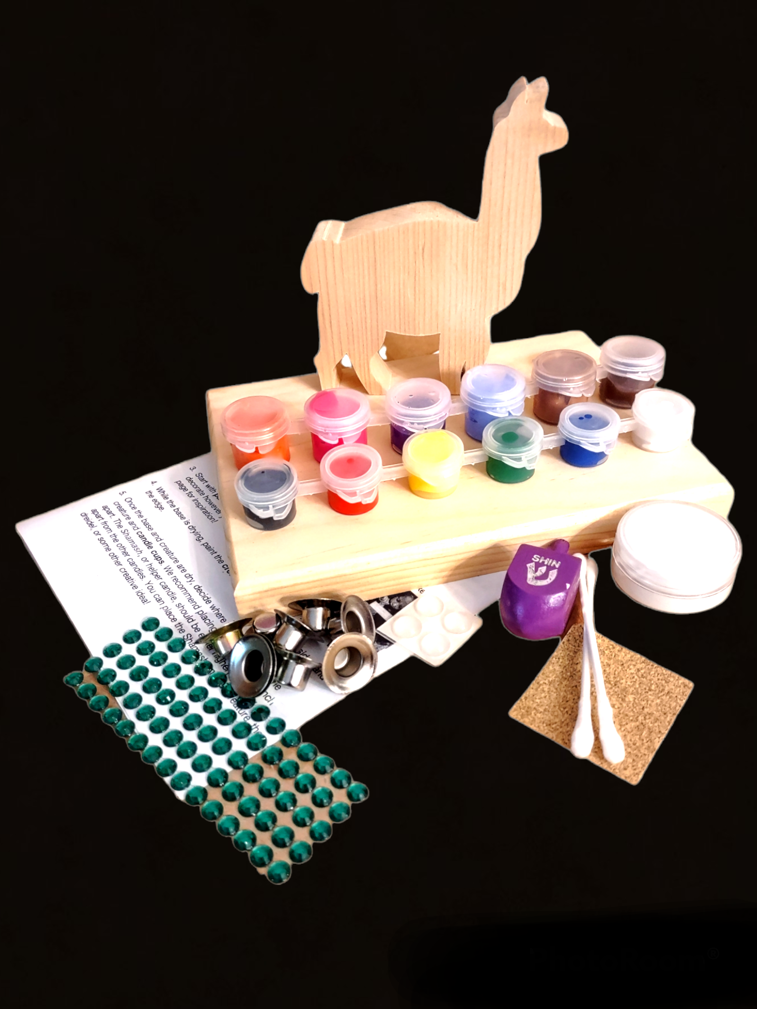 Happy Llamakah menorah craft kit — wooden llama menorah parts, paint and instructions | Judaica Square Lakewood (view 3)