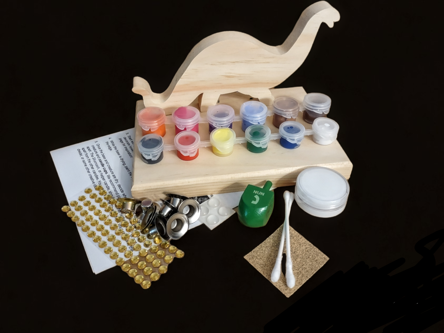 Dinosaur menorah craft kit — wooden Menorasaurus pieces with paint and decorative materials | Judaica Square Lakewoo (view 4)