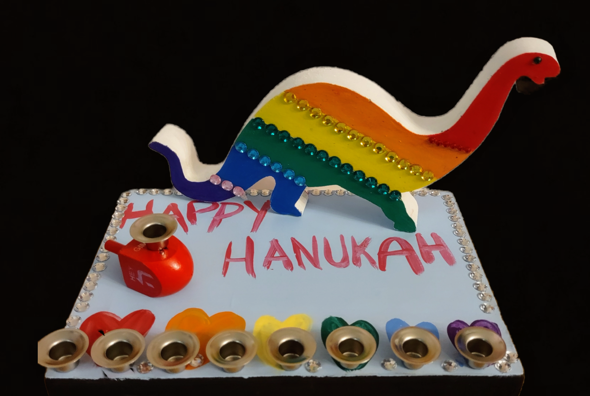 Dinosaur menorah craft kit — wooden Menorasaurus pieces with paint and decorative materials | Judaica Square Lakewoo (view 6)