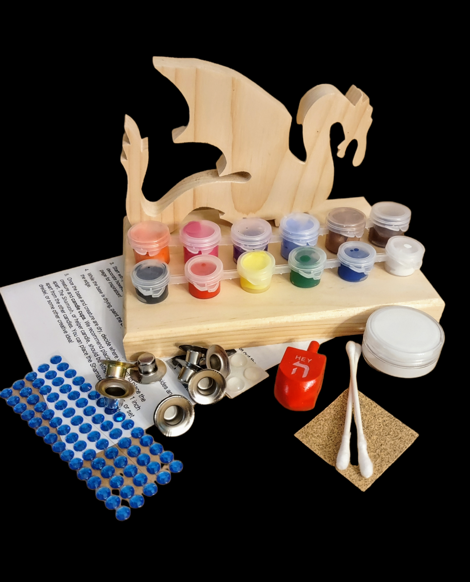 Dragon menorah craft kit — wooden Dragonorah menorah parts with paint and instructions | Judaica Square Lakewood (view 5)