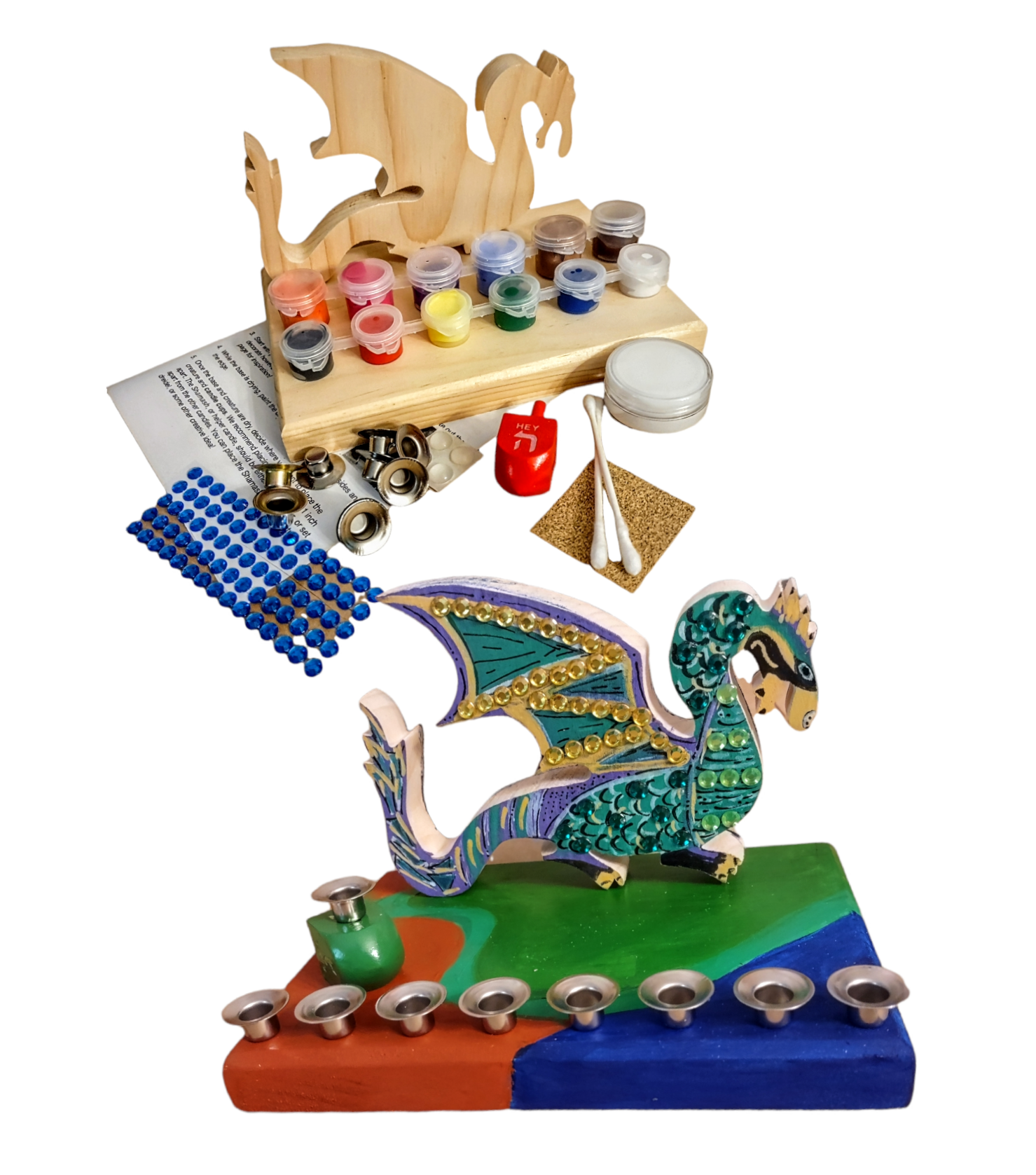 Dragon menorah craft kit — wooden Dragonorah menorah parts with paint and instructions | Judaica Square Lakewood (view 3)