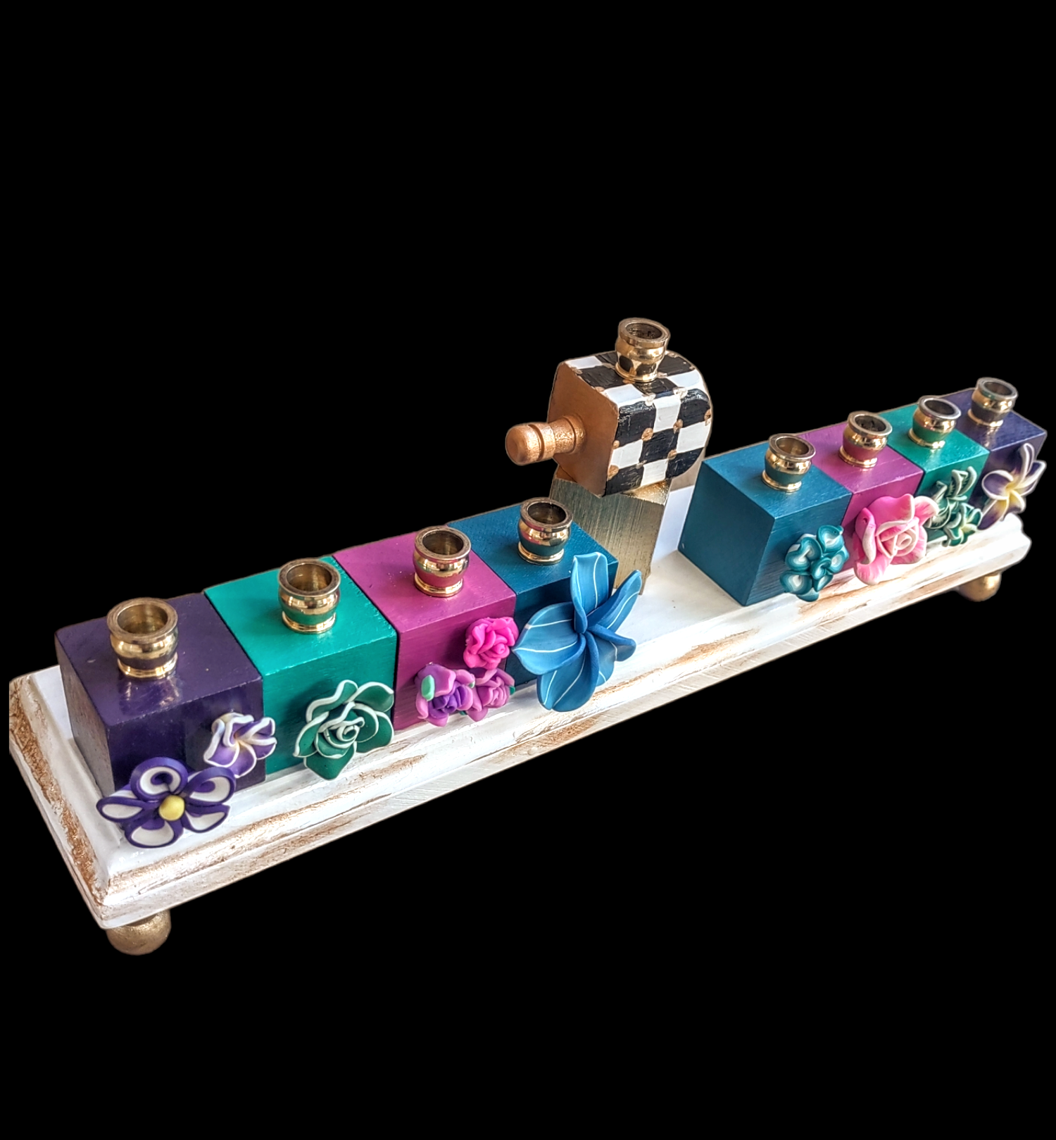 Checkerboard tropical menorah — hand-painted flowers on white and gold checked base | Judaica Square Lakewood (view 4)