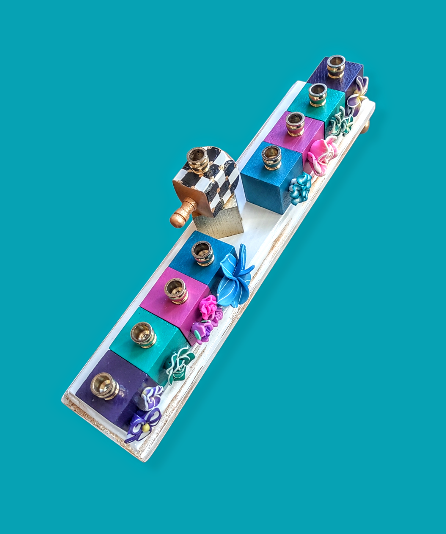 Checkerboard tropical menorah — hand-painted flowers on white and gold checked base | Judaica Square Lakewood (view 2)