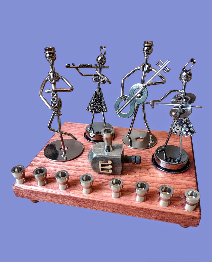 Iron Art Quartet Menorah — twisted metal musician figures on stained wood | Judaica Square Lakewood