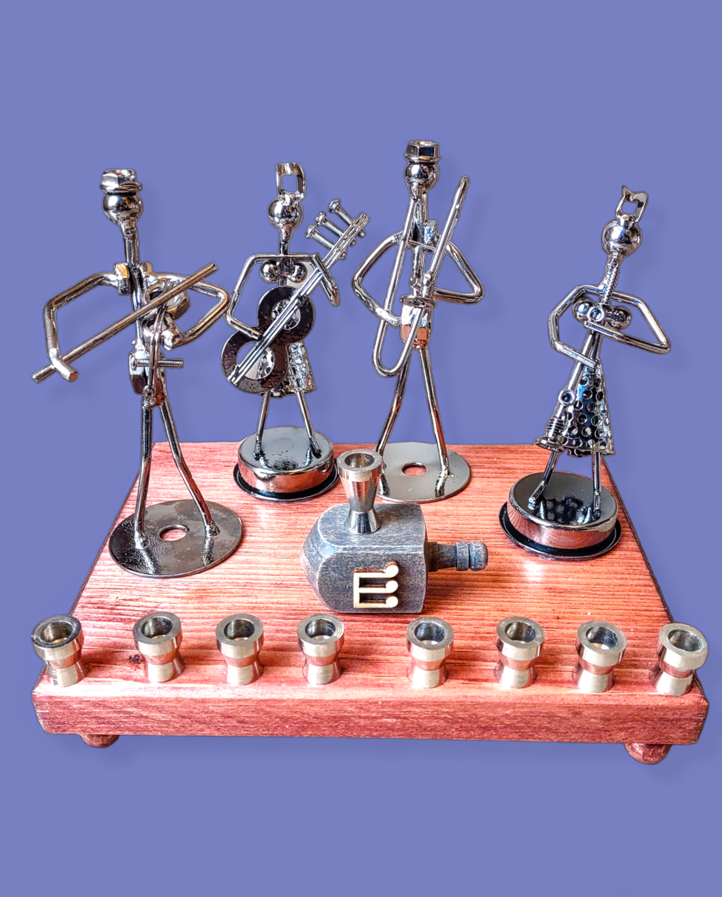 Iron Art Quartet Menorah — twisted metal musician figures on stained wood | Judaica Square Lakewood (view 5)
