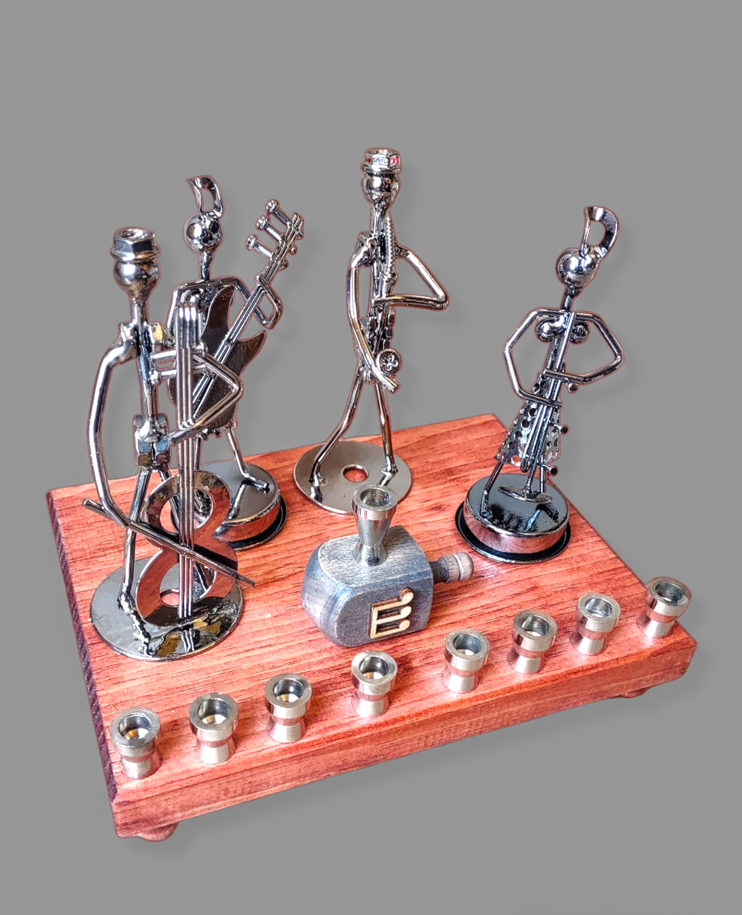 Iron Art Quartet Menorah — twisted metal musician figures on stained wood | Judaica Square Lakewood (view 4)