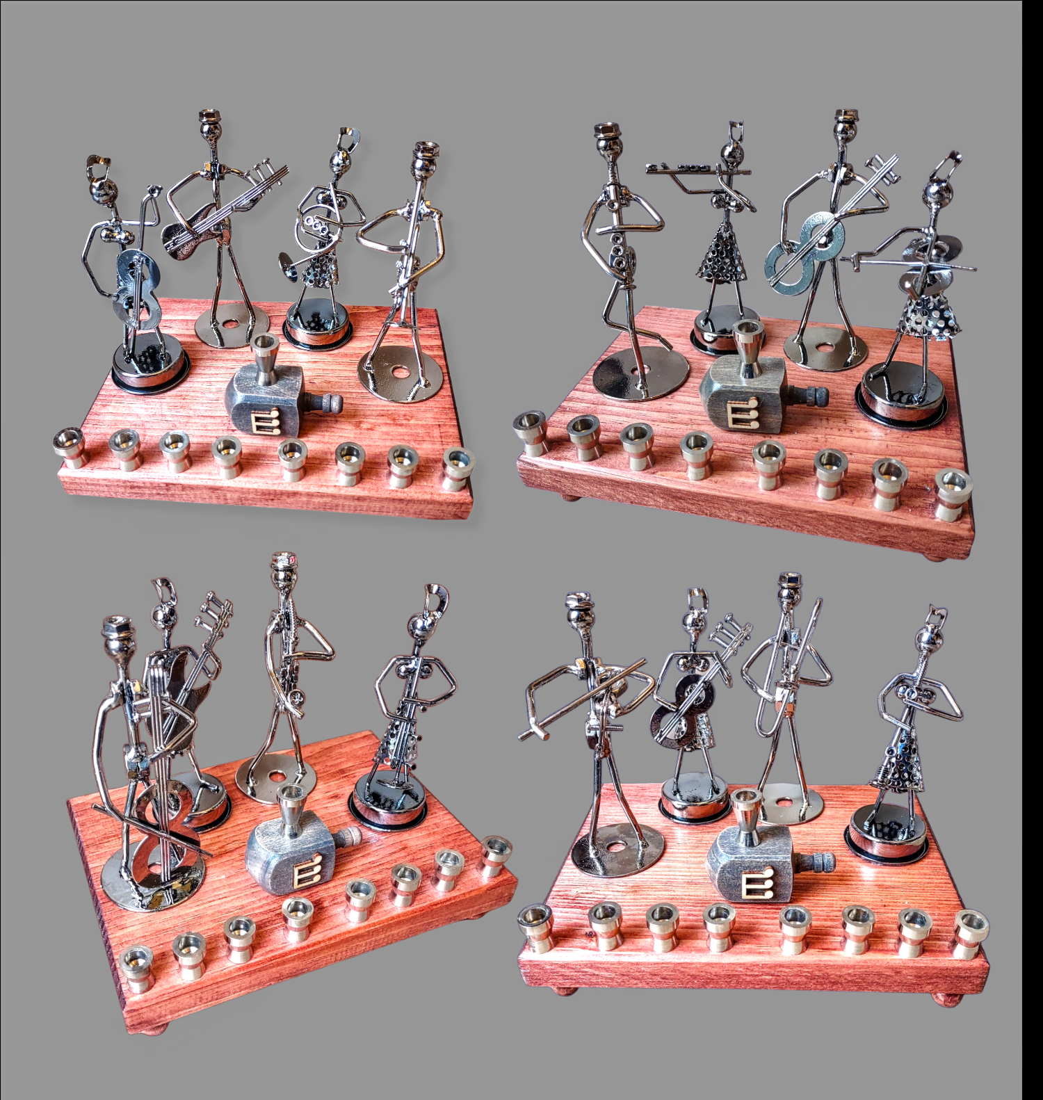 Iron Art Quartet Menorah — twisted metal musician figures on stained wood | Judaica Square Lakewood (view 2)