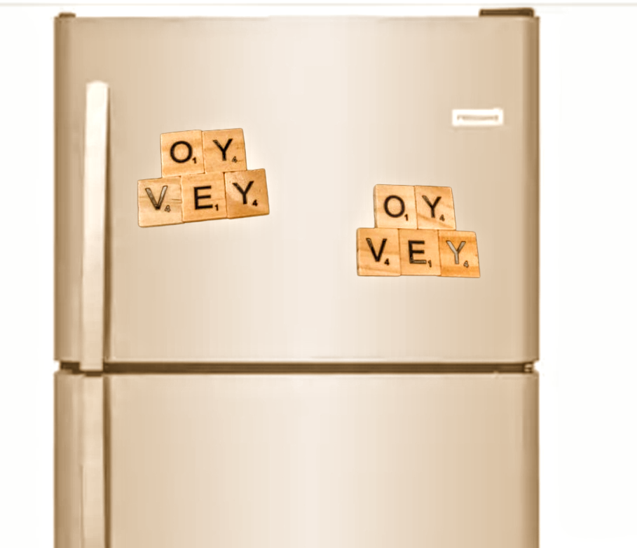 Oy Vey magnet — repurposed Scrabble tiles spelling the phrase | Judaica Square Lakewood (view 2)