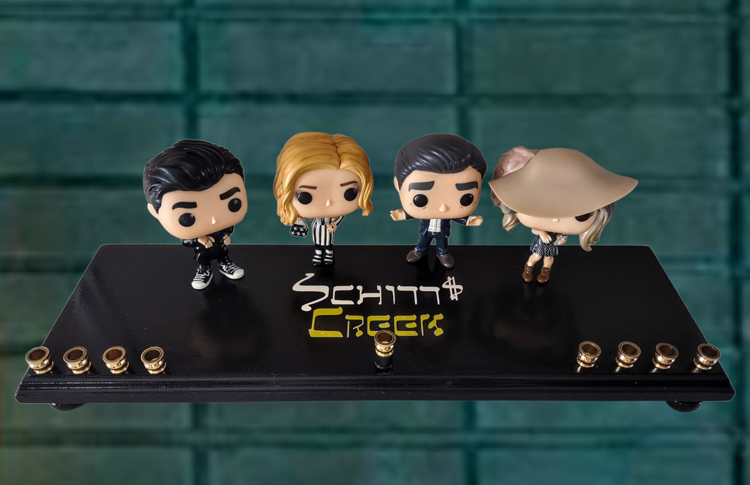 Schitt's Creek Menorah — Rose family collector figures along a 24-inch wood plaque | Judaica Square Lakewood (view 3)