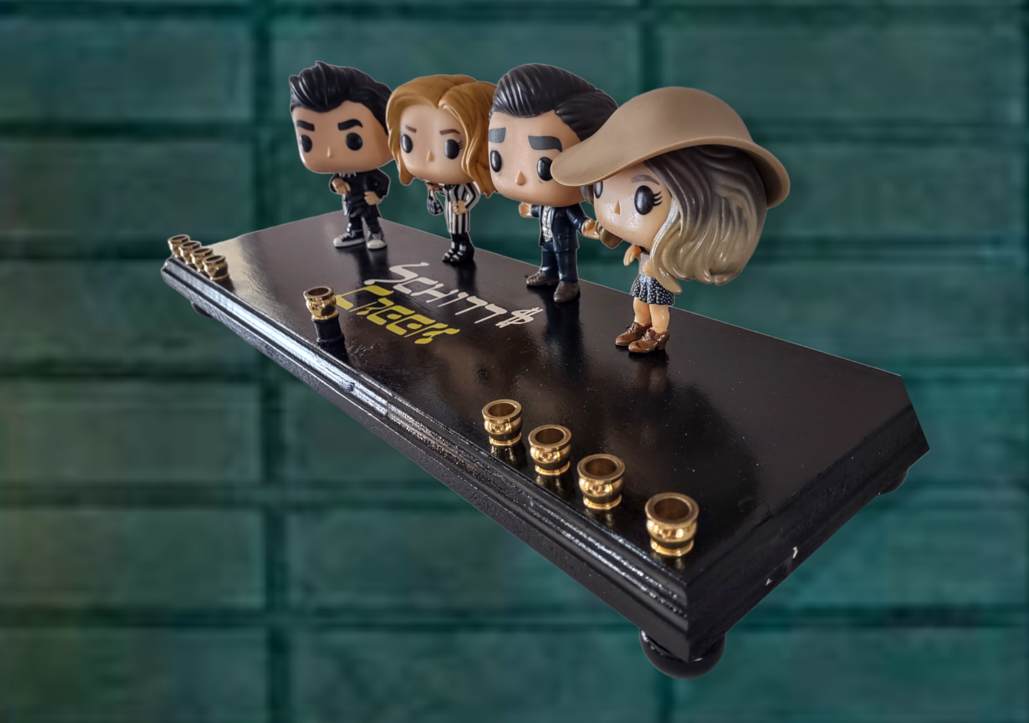 Schitt's Creek Menorah — Rose family collector figures along a 24-inch wood plaque | Judaica Square Lakewood (view 4)