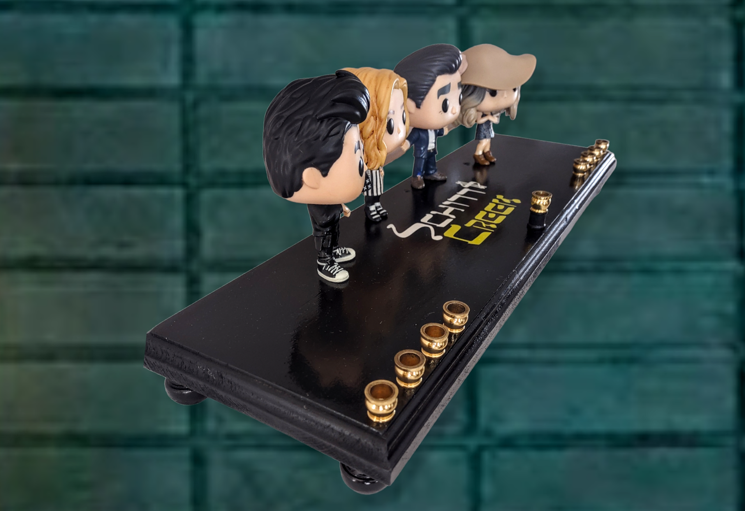 Schitt's Creek Menorah — Rose family collector figures along a 24-inch wood plaque | Judaica Square Lakewood (view 5)