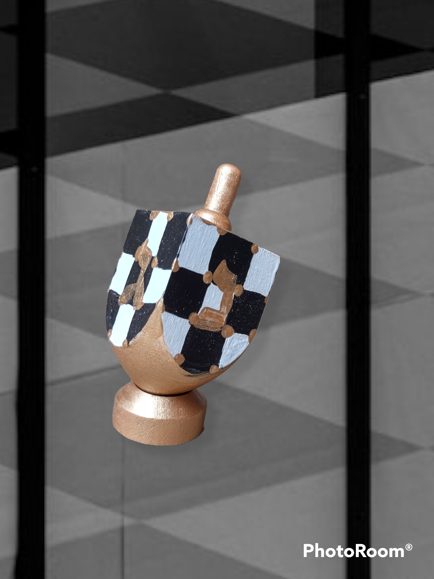 Checkerboard Dreidel — black, white and gold checkered wood dreidel | Judaica Square Lakewood (view 2)