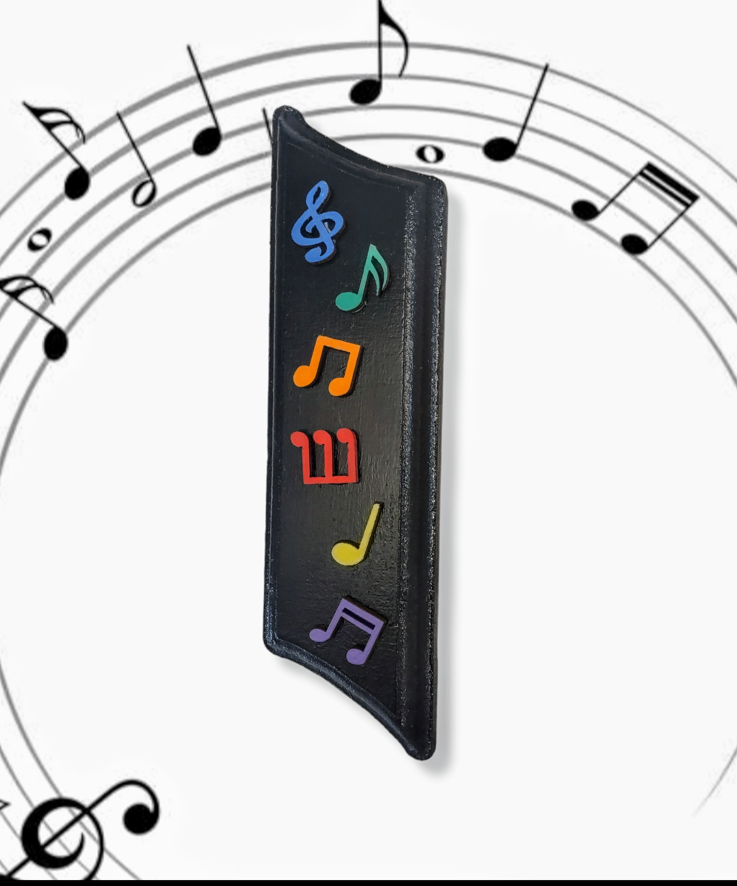 Music note mezuzah case — laser-cut painted wood notes raised on the case | Judaica Square Lakewood (view 2)