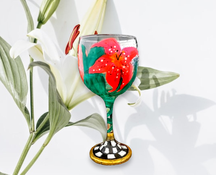 Kiddush cup — red lilies over checkerboard with gold trim on glass | Judaica Square Lakewood