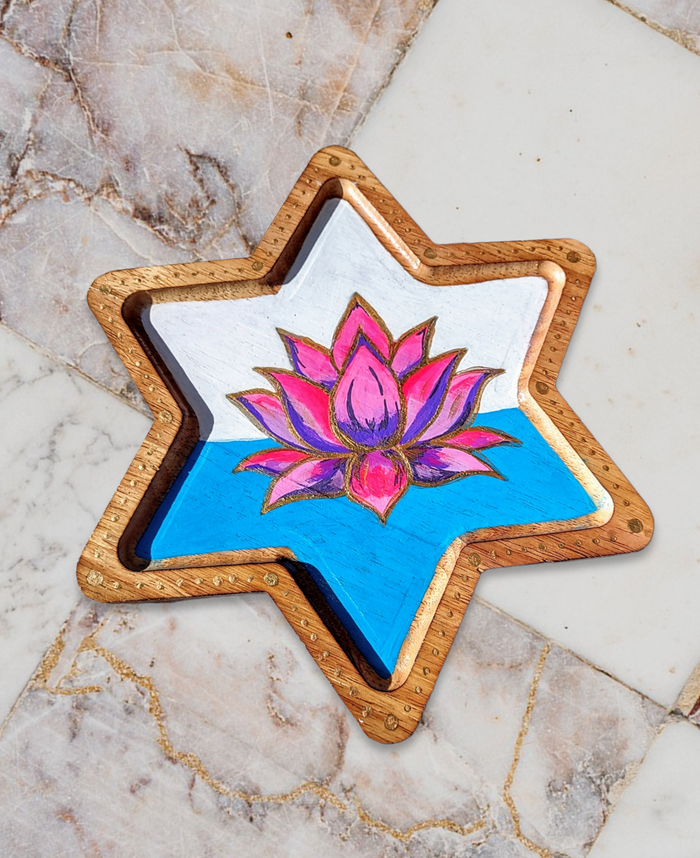 Lotus Star of David tray — hand-painted six-pointed hardwood decorative plate | Judaica Square Lakewood