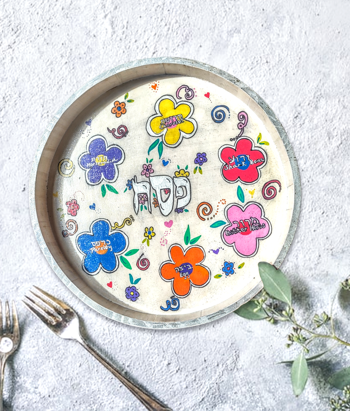 Flower and glitter seder plate — hand-painted hardwood round with lettered bowls | Judaica Square Lakewood