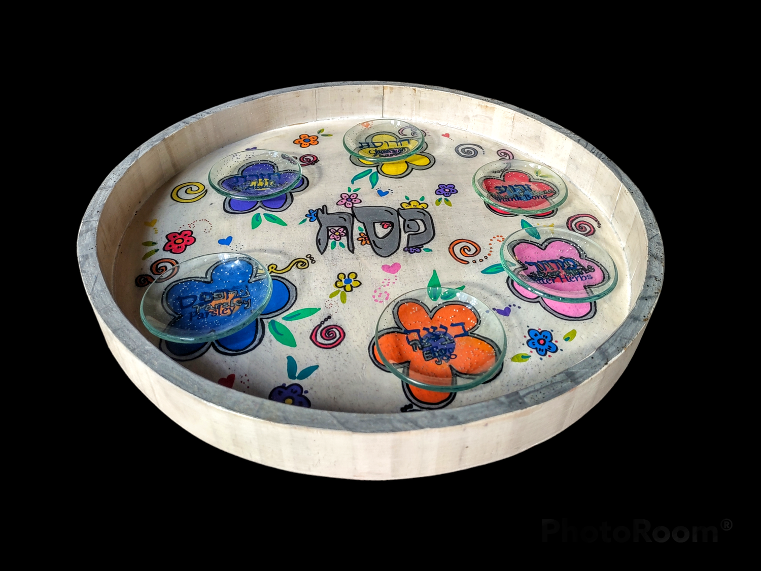 Flower and glitter seder plate — hand-painted hardwood round with lettered bowls | Judaica Square Lakewood (view 2)