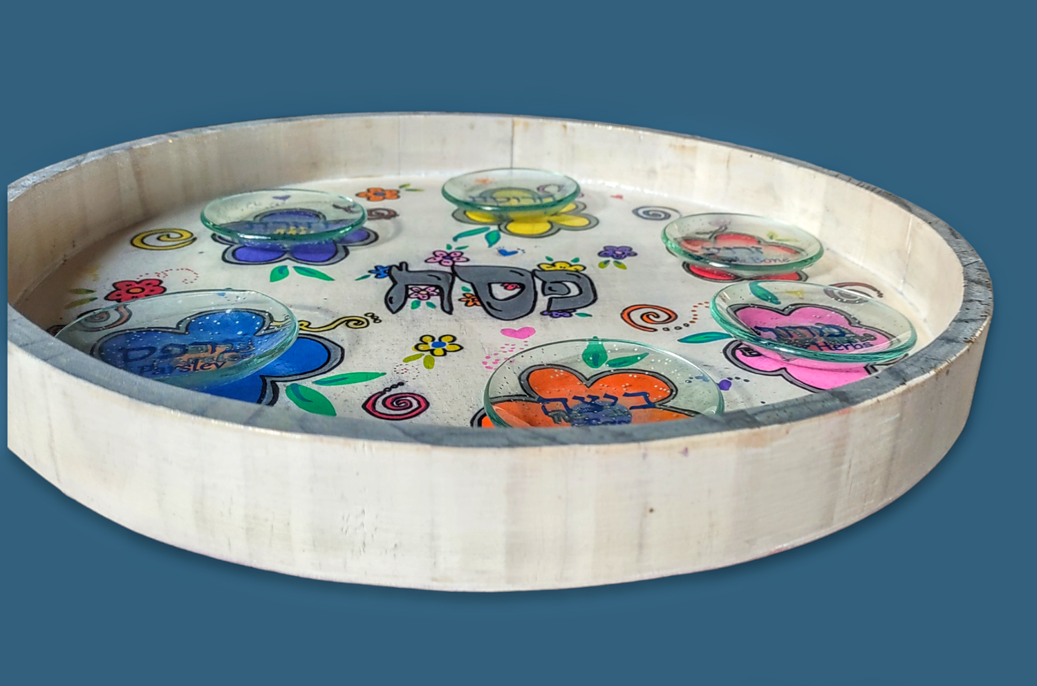 Flower and glitter seder plate — hand-painted hardwood round with lettered bowls | Judaica Square Lakewood (view 3)