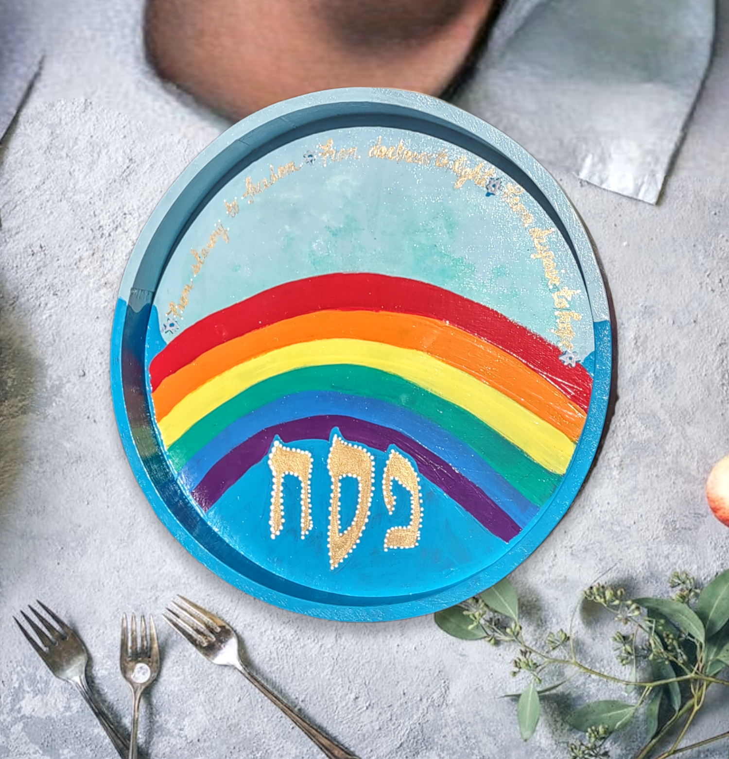 Rainbow seder plate — hand-painted 12.5-inch hardwood plate with painted bowls | Judaica Square Lakewood (view 3)