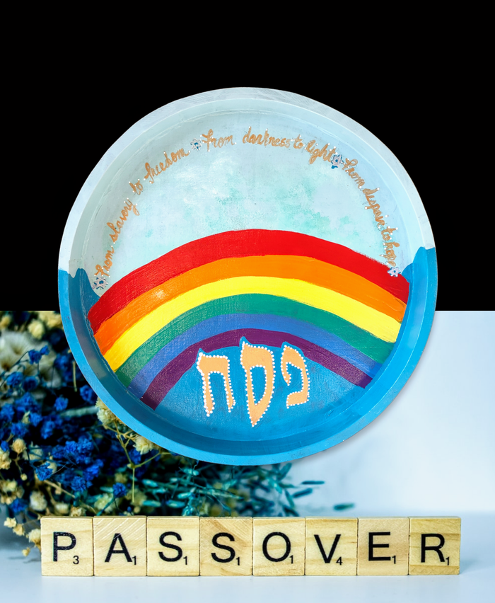 Rainbow seder plate — hand-painted 12.5-inch hardwood plate with painted bowls | Judaica Square Lakewood