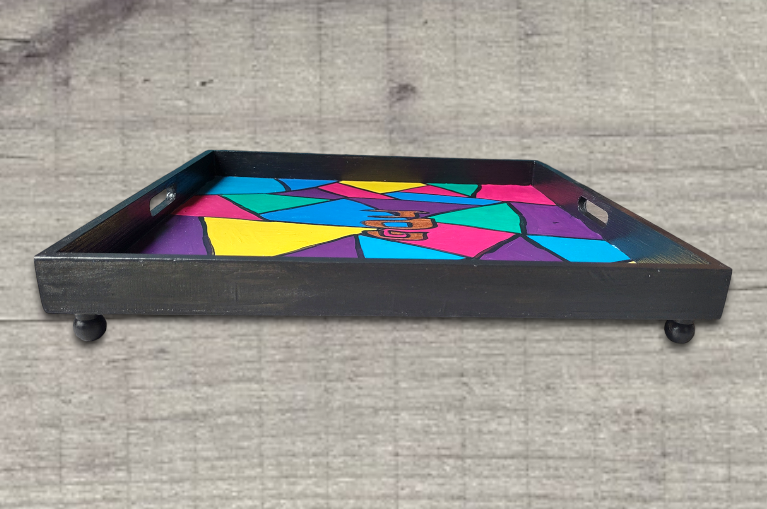 Art deco square seder plate — bright hand-painted hardwood tray on wooden feet | Judaica Square Lakewood (view 2)