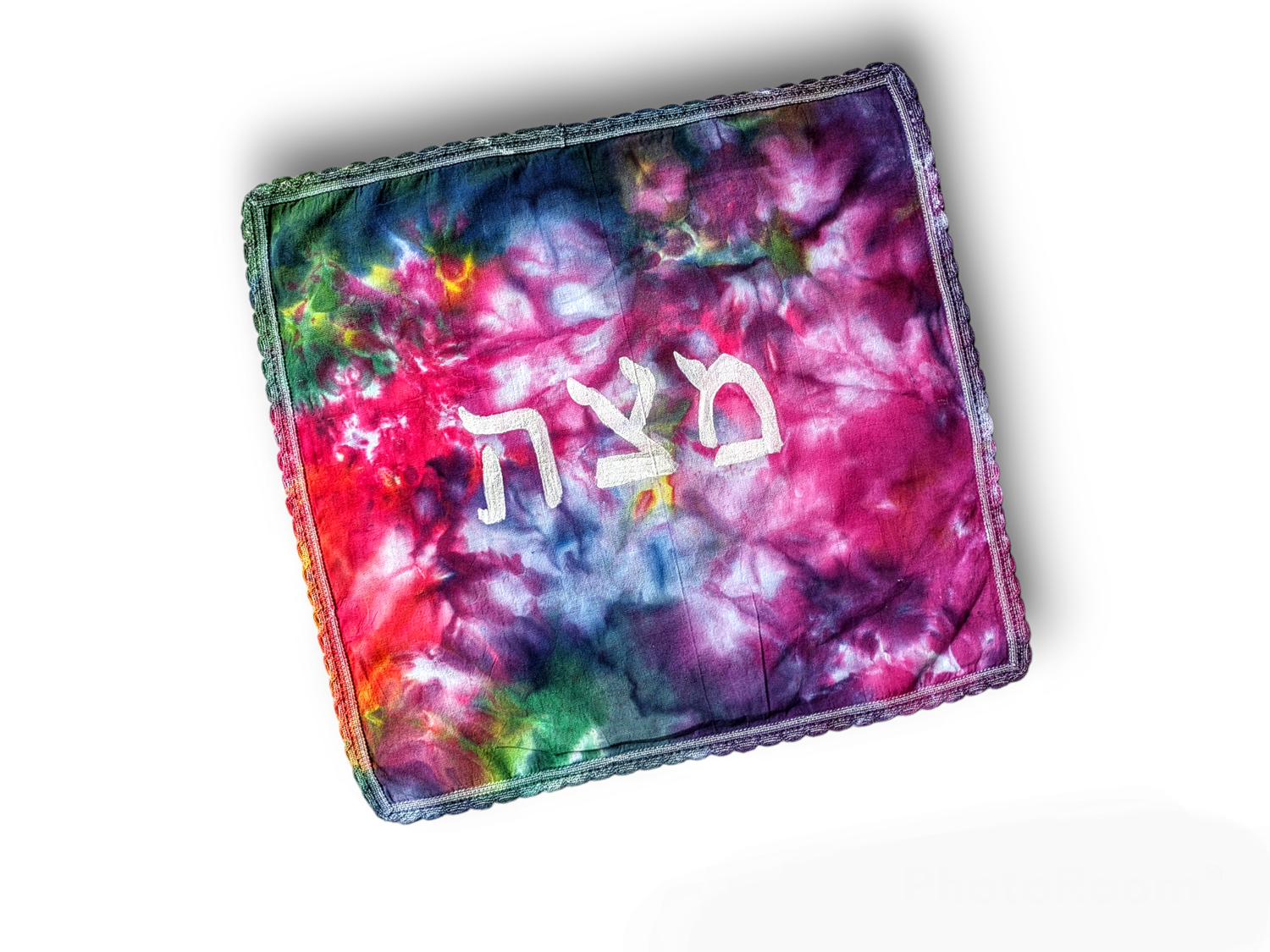 Tie-dye matzah cover — swirled hand-dyed cotton square for the seder table | Judaica Square Lakewood (view 8)