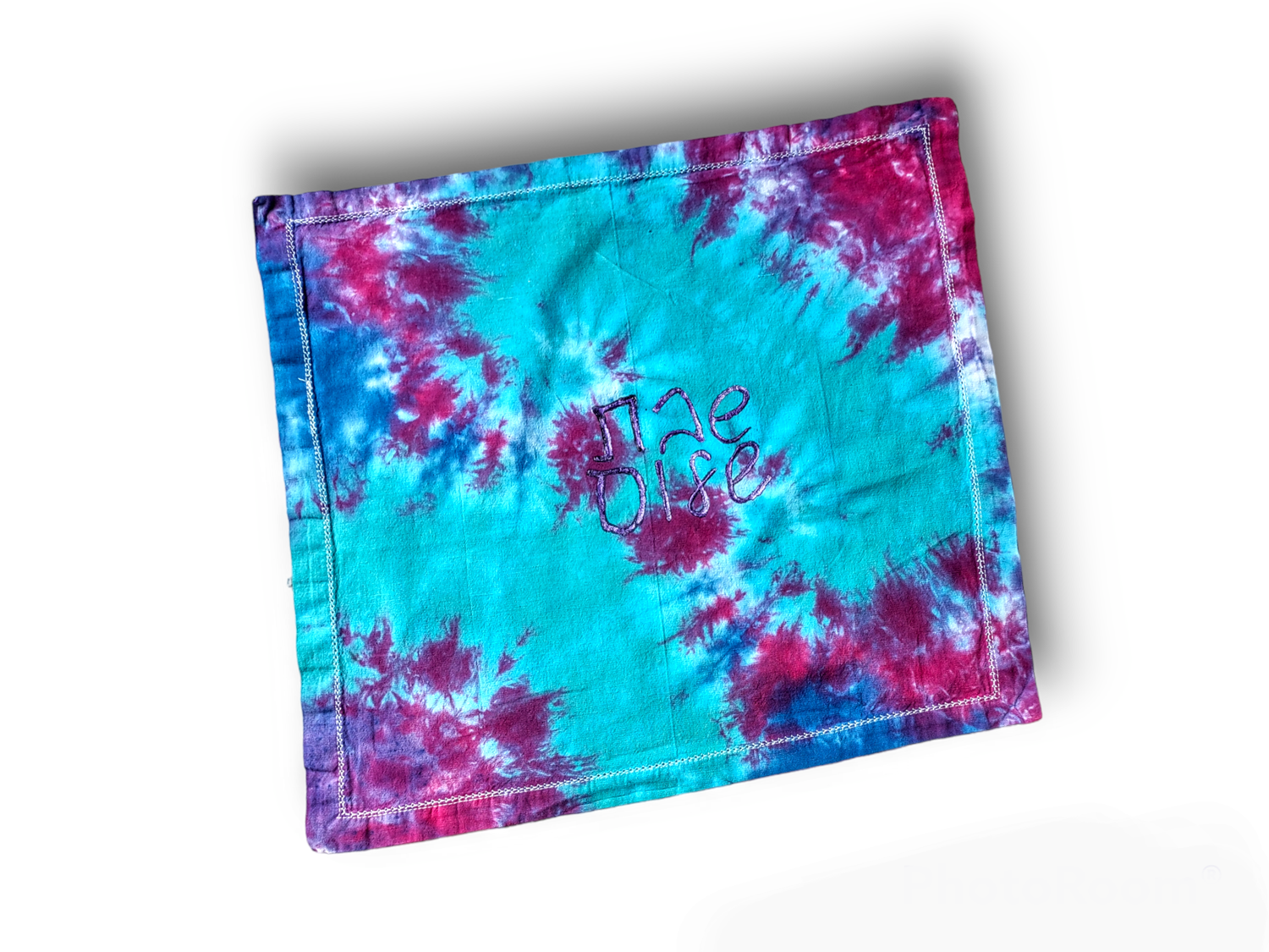 Tie-dyed challah cover — 18-inch cotton square in swirled dye with Hebrew Shabbat Shalom | Judaica Square Lakewood (view 4)