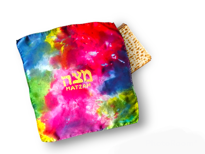 Tie-dye matzah cover — swirled hand-dyed cotton square for the seder table | Judaica Square Lakewood