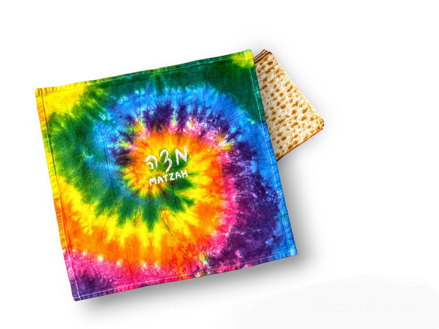 Tie-dye matzah cover — swirled hand-dyed cotton square for the seder table | Judaica Square Lakewood (view 2)