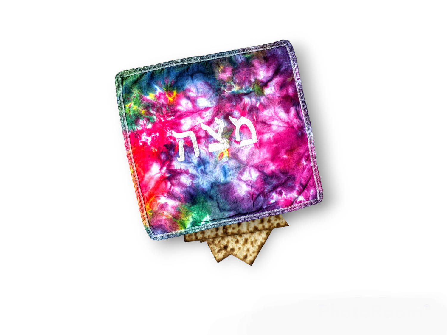 Tie-dye matzah cover — swirled hand-dyed cotton square for the seder table | Judaica Square Lakewood (view 9)