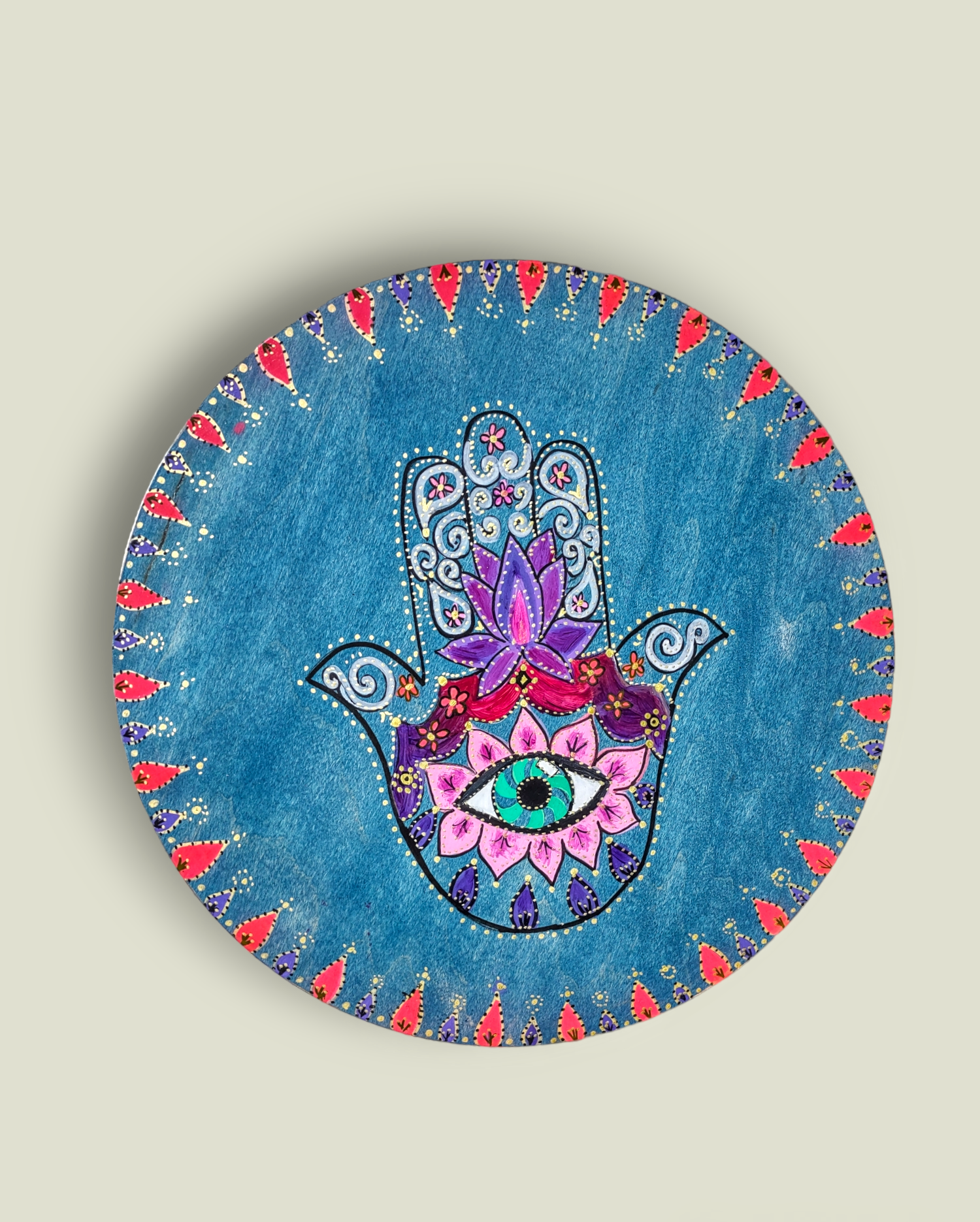 Hamsa seder plate — hand-painted colorful hardwood plate with etched glass bowls | Judaica Square Lakewood (view 4)