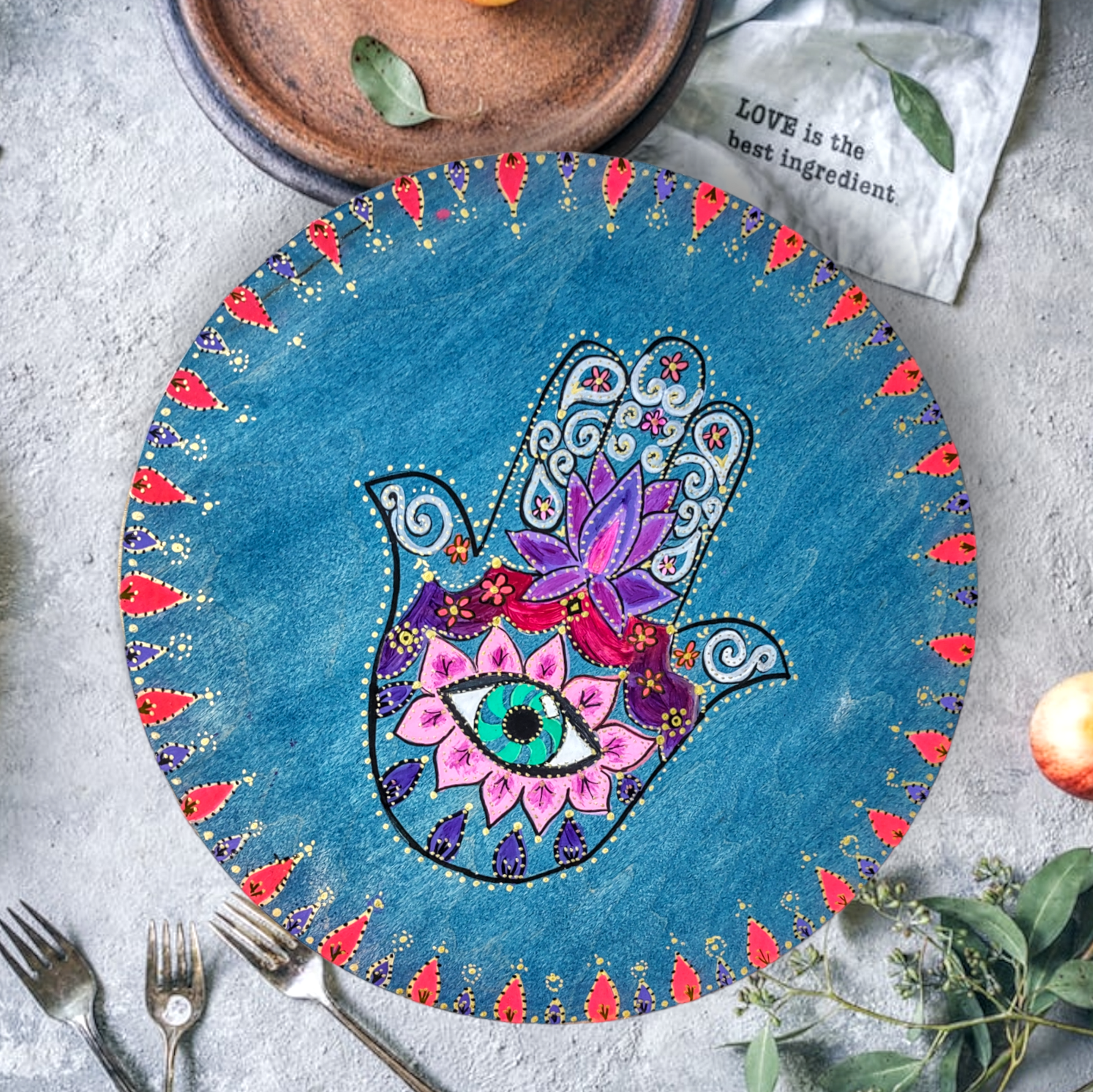 Hamsa seder plate — hand-painted colorful hardwood plate with etched glass bowls | Judaica Square Lakewood (view 2)