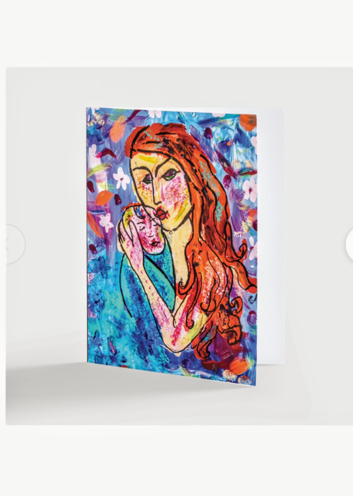 Hold You Close note card — mother and child paint-on-glass artwork | Judaica Square Lakewood