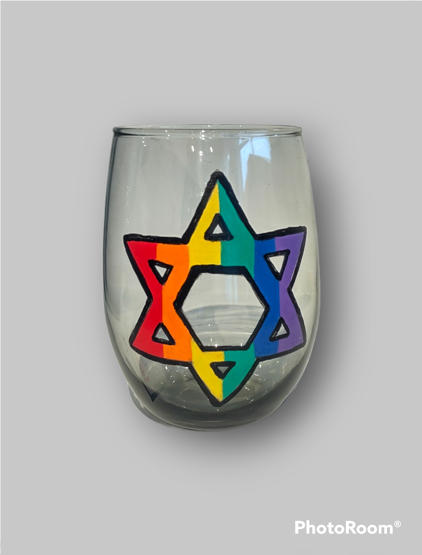 Rainbow Star of David kiddush cup — stemless smoky etched glass | Judaica Square Lakewood (view 4)