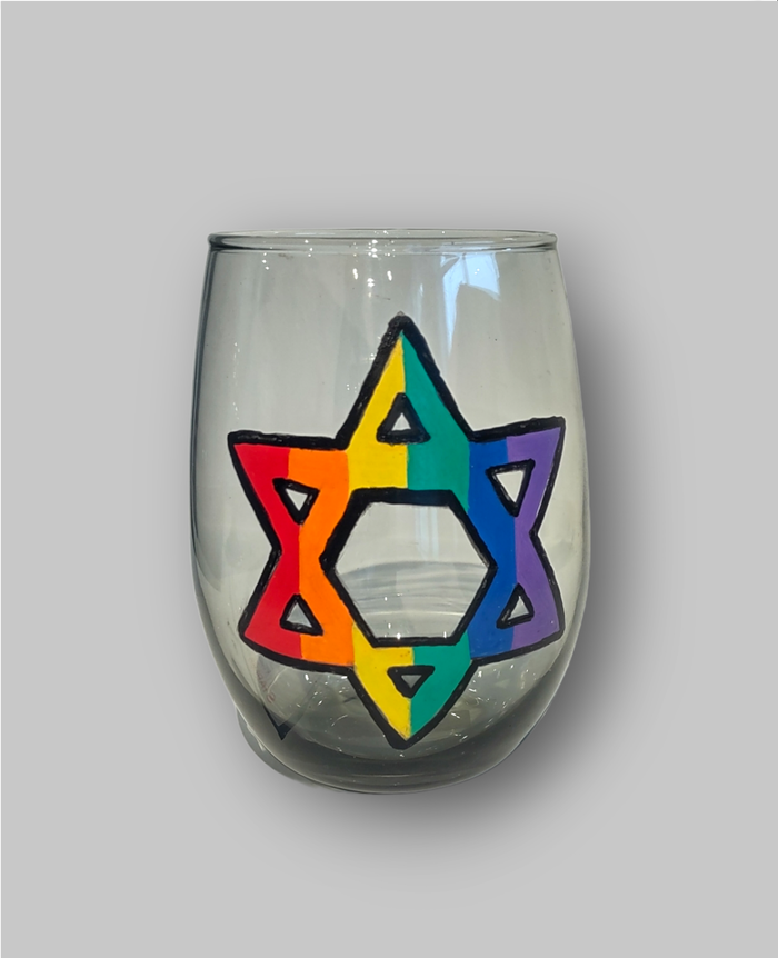 Rainbow Star of David kiddush cup — stemless smoky etched glass | Judaica Square Lakewood
