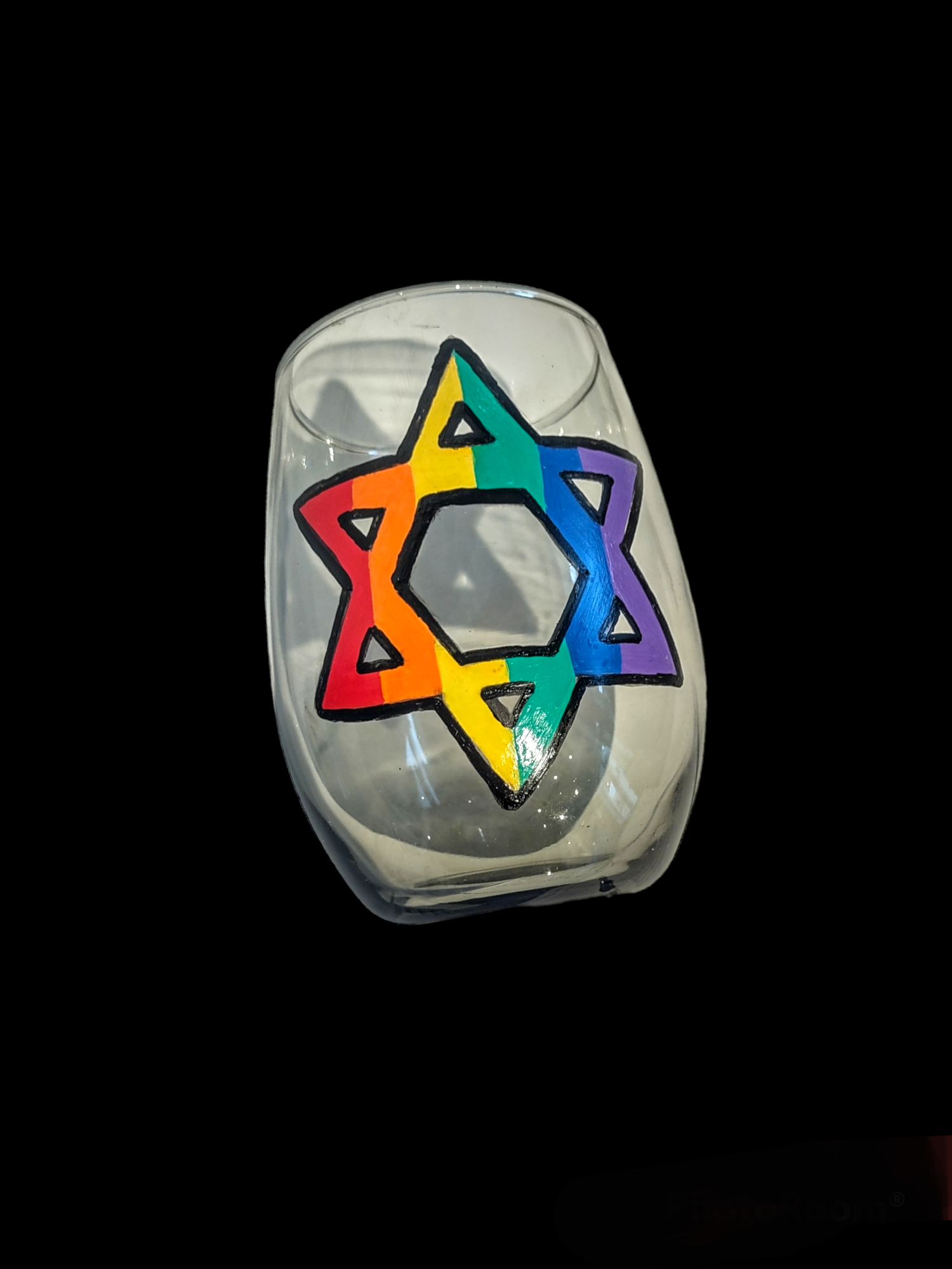 Rainbow Star of David kiddush cup — stemless smoky etched glass | Judaica Square Lakewood (view 2)