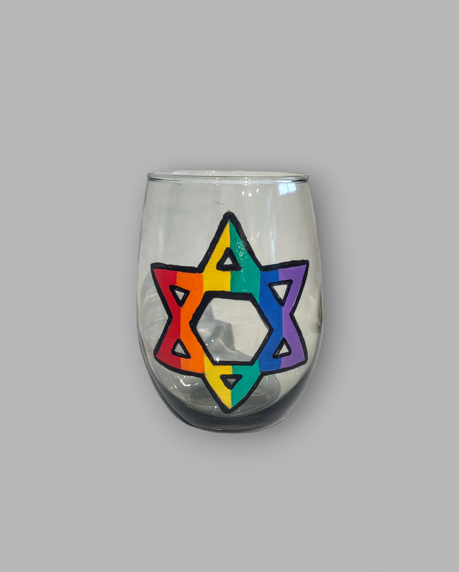 Rainbow Star of David kiddush cup — stemless smoky etched glass | Judaica Square Lakewood (view 3)
