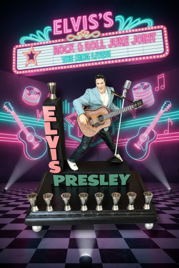 Elvis marquee menorah — King figure at the mic under a stacked name marquee | Judaica Square Lakewood