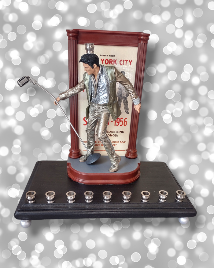 Elvis live in NYC menorah — collector figure in silver and gold suit with poster | Judaica Square Lakewood