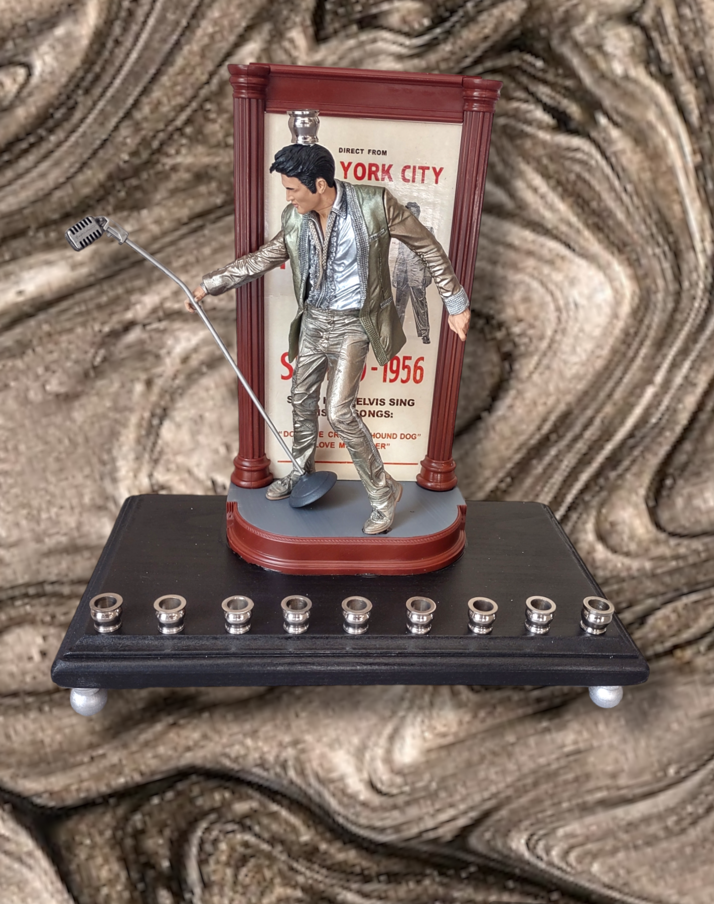 Elvis live in NYC menorah — collector figure in silver and gold suit with poster | Judaica Square Lakewood (view 2)