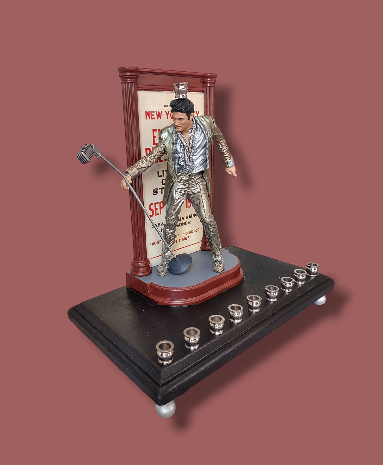 Elvis live in NYC menorah — collector figure in silver and gold suit with poster | Judaica Square Lakewood (view 3)