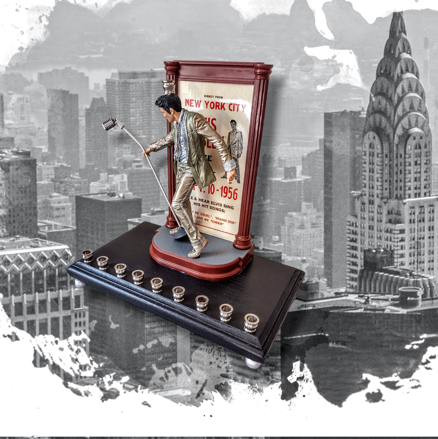 Elvis live in NYC menorah — collector figure in silver and gold suit with poster | Judaica Square Lakewood (view 4)