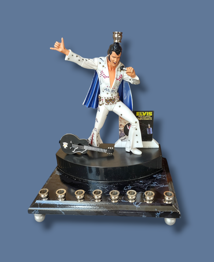 Elvis Viva Las Vegas menorah — King figure with microphone, guitar and poster | Judaica Square Lakewood