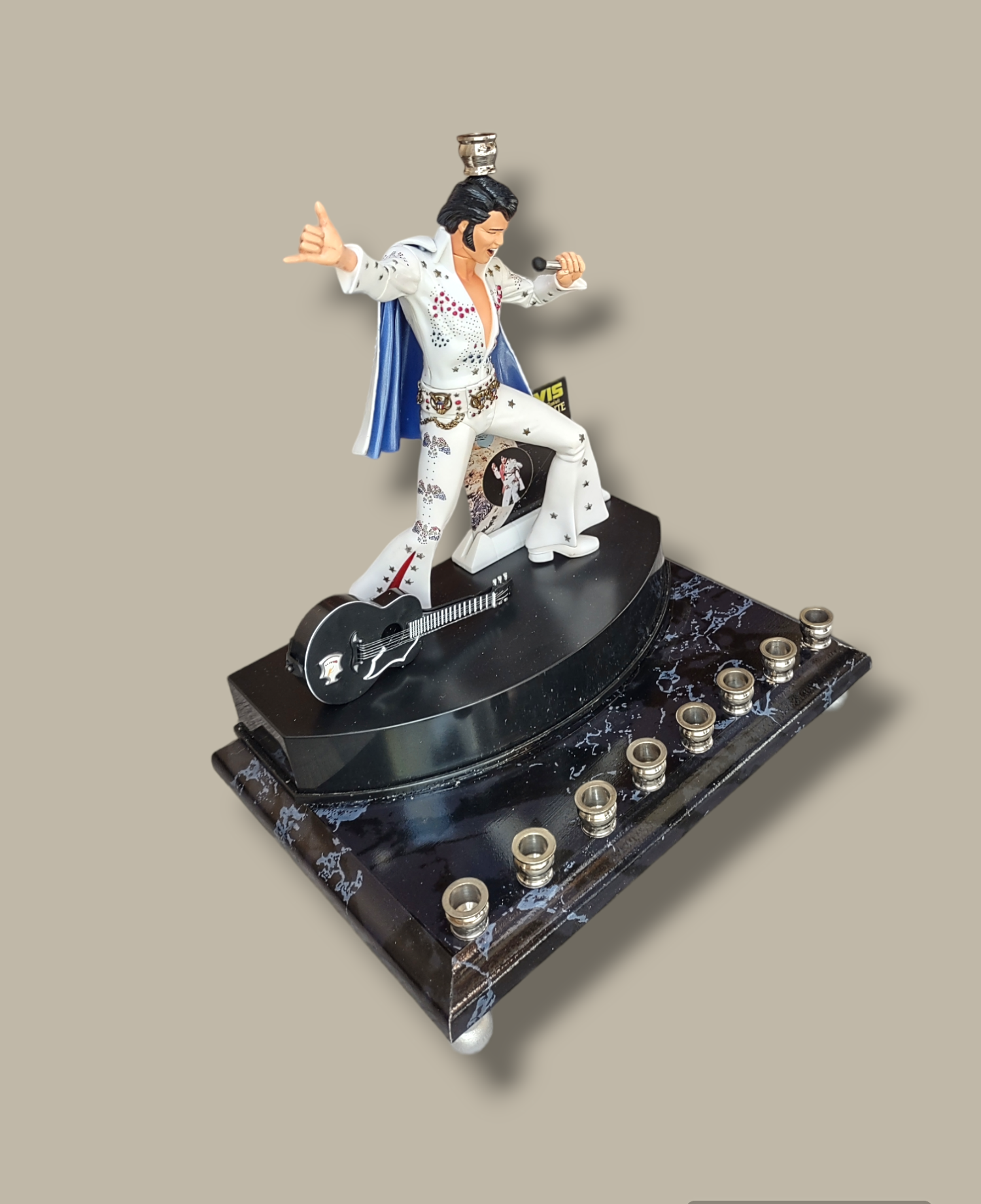 Elvis Viva Las Vegas menorah — King figure with microphone, guitar and poster | Judaica Square Lakewood (view 2)