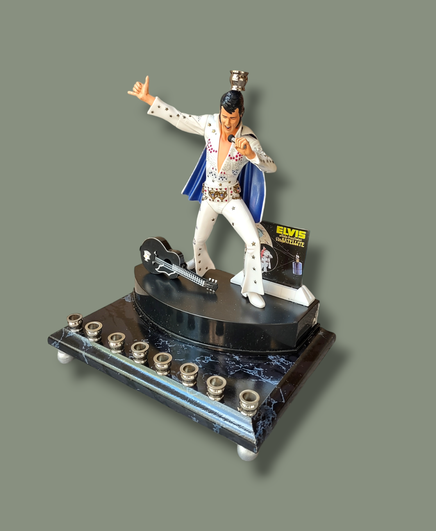 Elvis Viva Las Vegas menorah — King figure with microphone, guitar and poster | Judaica Square Lakewood (view 3)