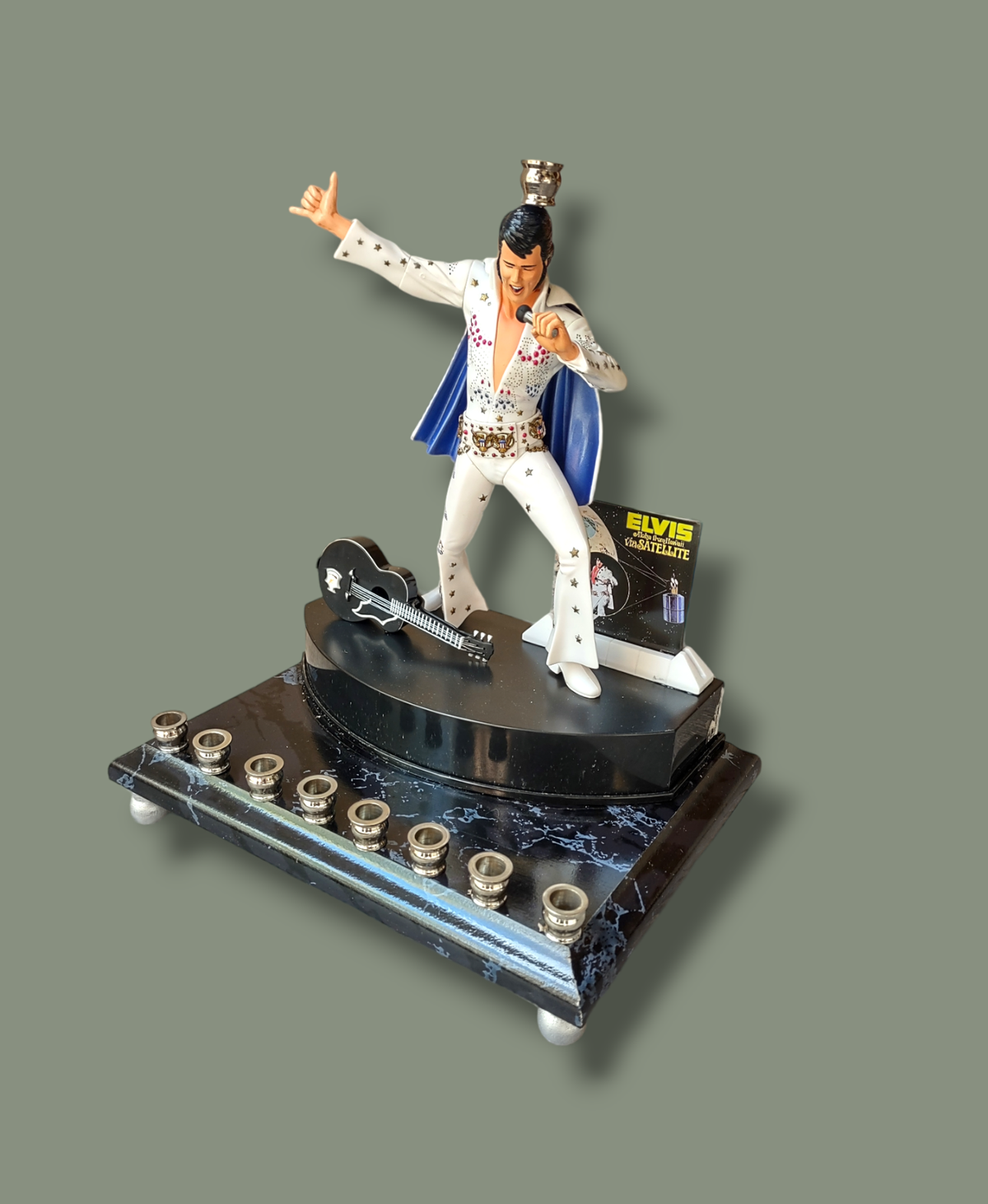 Elvis Viva Las Vegas menorah — King figure with microphone, guitar and poster | Judaica Square Lakewood (view 3)