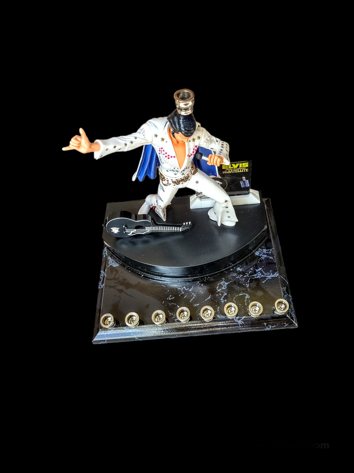 Elvis Viva Las Vegas menorah — King figure with microphone, guitar and poster | Judaica Square Lakewood (view 4)