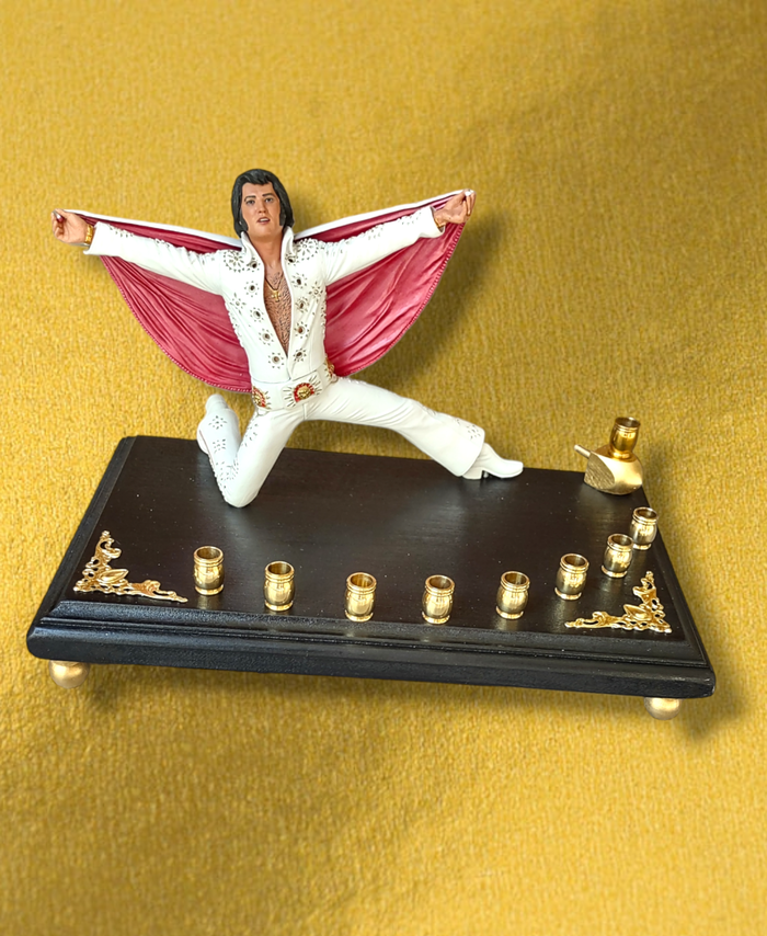 Elvis Presley 70s menorah — collectible King figure in jumpsuit with brass cups | Judaica Square Lakewood