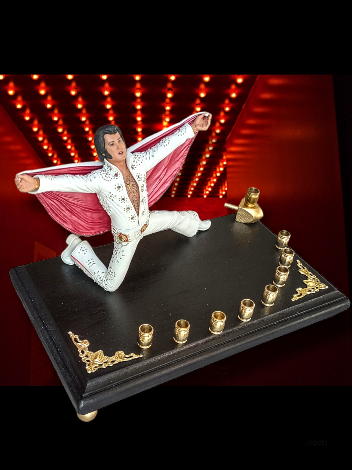 Elvis Presley 70s menorah — collectible King figure in jumpsuit with brass cups | Judaica Square Lakewood (view 2)