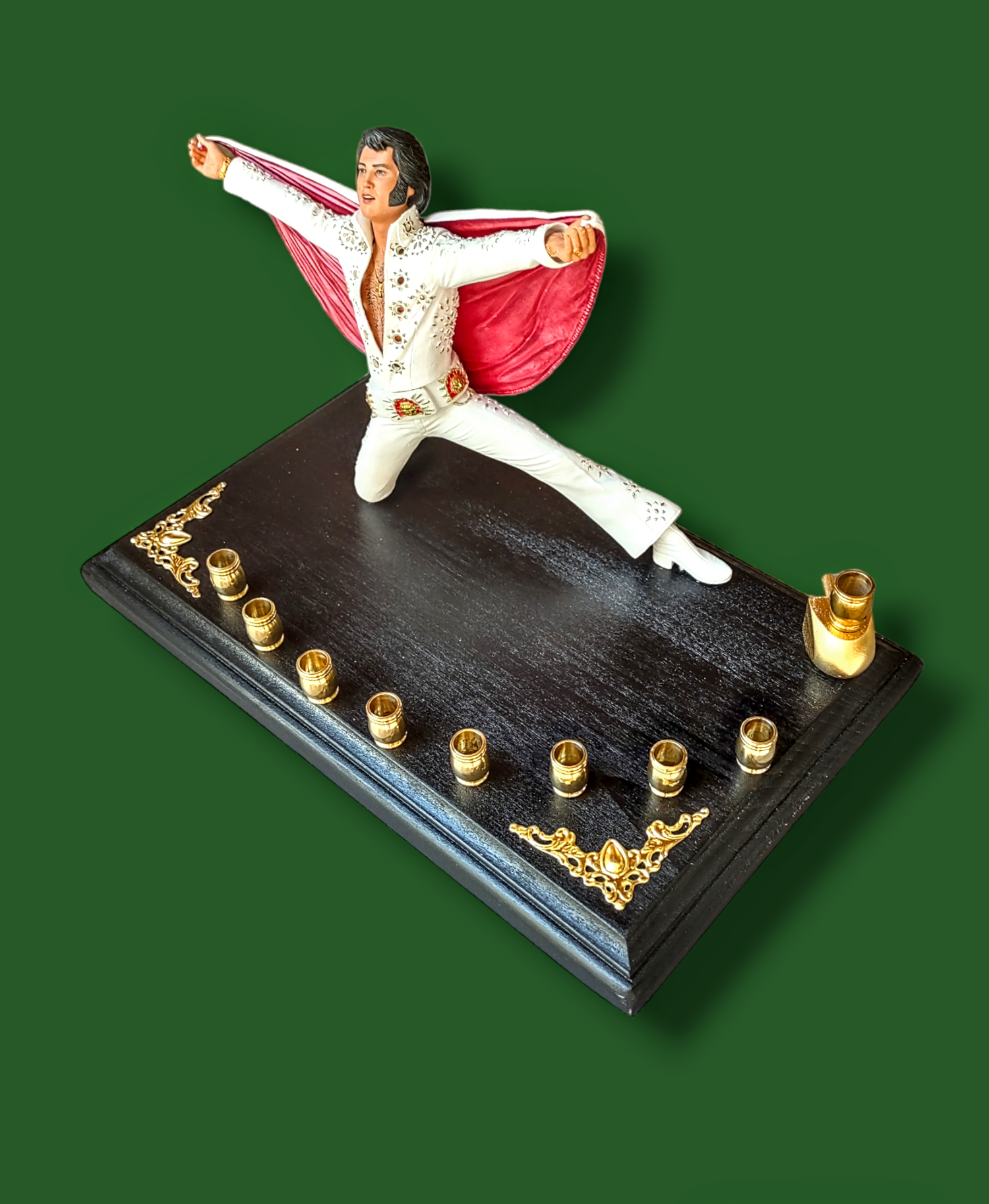 Elvis Presley 70s menorah — collectible King figure in jumpsuit with brass cups | Judaica Square Lakewood (view 3)